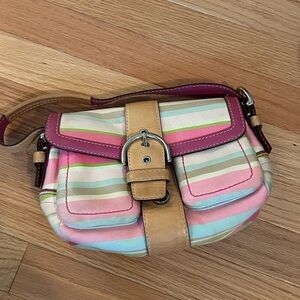 Coach | Hampton Pink Pastel Stripes Tan with Leather Trim Purse
